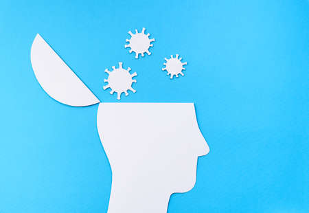 Virus thinking Concept, Paper Cut Open head with Virusesの写真素材