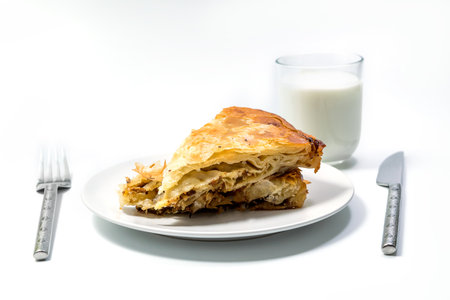 Burek Traditional Pie With Meat Served On The Plate with Yogurt and ustenils. Traditional Balkan...
