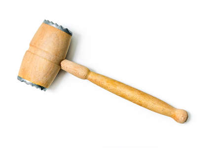 Meat mallet - meat tenderiser. Wooden Meat mallet with metal Ending isolated on white background...