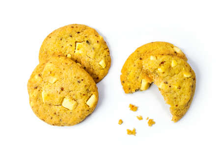Lemon cookies with white chocolate on white background, Top Viewの写真素材