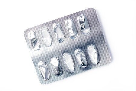 Empty pack of pills isolated on white background with clipping pathの写真素材