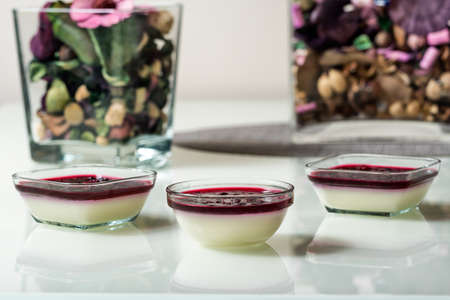 Delicious panna cotta with with raspberry sauce on white tableの写真素材