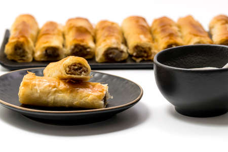 Meat rolls pastry - fried minced pork meat in spring rolls in an oval plate with a bowl of tartar 

sauce and stack og rolls in the background, selective focus, isolated on white backgroundの写真素材