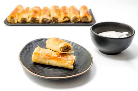 Meat rolls pastry - fried minced pork meat in spring rolls in a black oval plate, isolated on white background with clipping path includedの写真素材