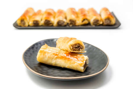 Meat rolls pastry - fried minced pork meat in spring rolls in an oval plate with a bowl of tartar sauce and stack og rolls in the background, selective focus, isolated on white background with clippinの写真素材