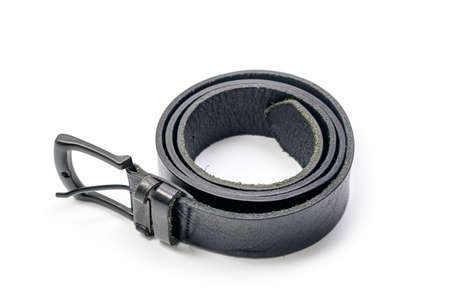 Mens black genuine leather belt Isolated over white background with clipping path includedの写真素材