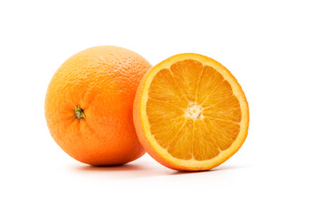 Fresh juicy oranges isolated on white background, Orange fruit isolated on white background, Isolated oranges, Ripe orange isolated on white background.の写真素材