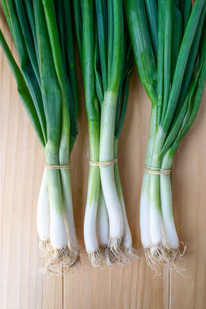 Spring onions also known as salad onions, green onions or scallions on wood backgroundの写真素材