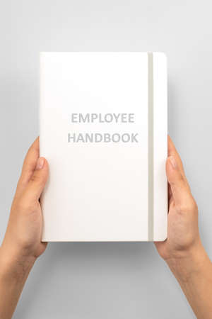 Female hands holding white Employee Handbookon grey background, top viewの写真素材