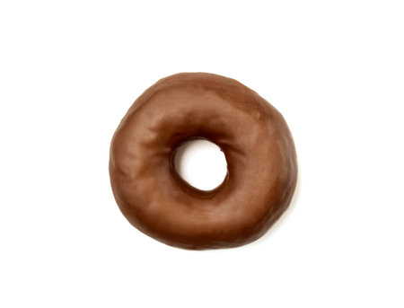 Tasty Donut dessert with chocolate glossy glaze, isolated on white background. One round chocolate doughnut cake for your design and print, clipping path includedの写真素材