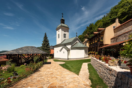 Orthodox Christian Monastery. Serbian Orthodox Monastery of National Meeting (Manastir Sretenje). 13th century monastery located on Ovcar Mountain, Serbia, Europeの写真素材