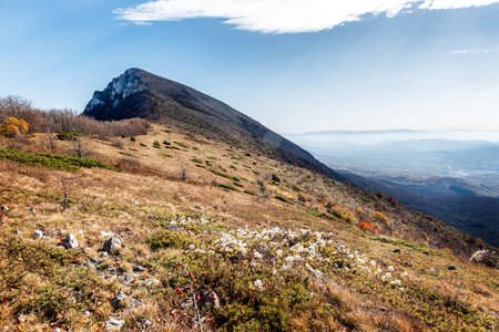 View to the peak Trem, highest peak of Suva planina (english translation Dry mountain) in southeastern Serbiaの写真素材