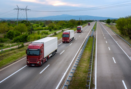Large Red Lorry Trucks with containers on highway, cargo transportation concept in springtime - freight serviceの写真素材