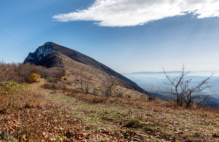 View to the peak Trem, highest peak of Suva planina (english translation Dry mountain) in southeastern Serbiaの写真素材