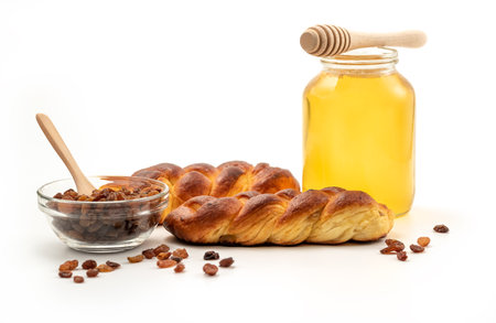 Sweat braided bread, traditionally made on holidays. especially Easter. Braided bread with milk, also known as miliprot or milibrod, on white table with raisins and honeyの写真素材