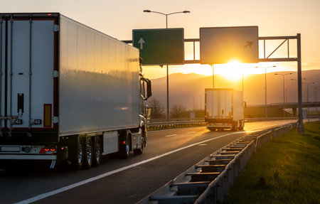 Rear angle view of delivery cargo trucks on the road going to the west with sunset in the background. Fast delivery, cargo logistic and freight shipping conceptの写真素材