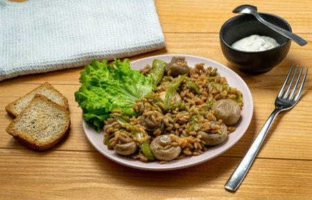 Risoni pasta - Lentil and Chickpea with mushrooms, Crispy Fried Courgette ( Fried Zucchini ) and Saladの写真素材