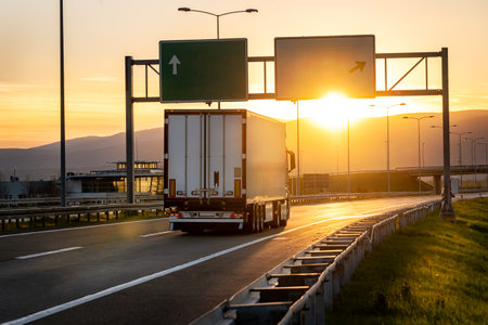Big delivery truck run on the road with sunset cityscape,fast delivery,cargo logistic and freight shipping conceptの写真素材