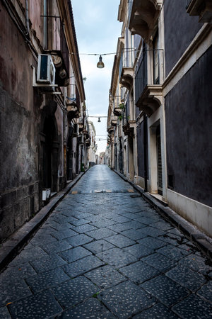 Typical Narrow street in Acireale on Sicily, Italyの写真素材