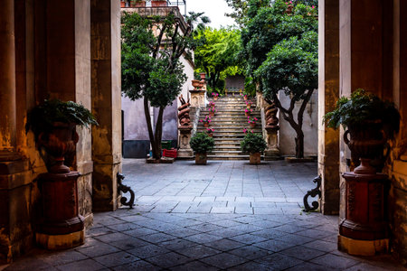 Typical Narrow street in Acireale on Sicily, Italyの写真素材