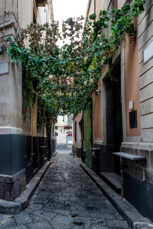 Typical Narrow street in Acireale on Sicily, Italyの写真素材