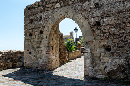 View of the Church of San Nicolo in Savoca village, the filming location of the wedding scene in "The Godfather" movie, Sicily, Italyの写真素材