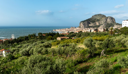 Panoramic view of Cefalu, town in Italian Metropolitan City of Palermo located on Tyrrhenian coast of Sicily, Italyの写真素材