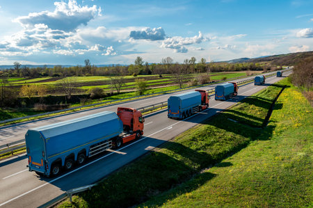 Convoy or Fleet of Container semi-trailer trucks on a Highway through a beautiful landscape. Multi-functional inloader for the transportation of glassの写真素材