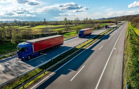 Highway transportation scene with Convoy of blue transportation trucks with red trailers in line on a rural highway under a beautiful blue skyの写真素材