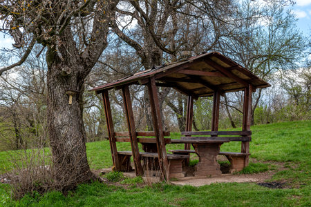 Picnic area with benches, table and sunshade in nature, top of the hillの写真素材