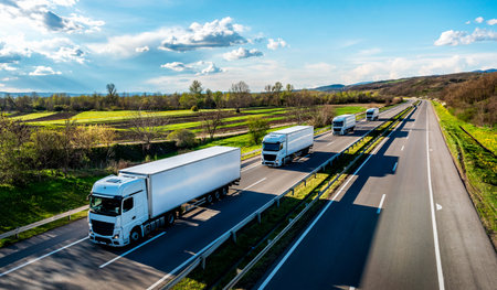 Convoy of white Trucks with containers on highway, cargo transportation concept in springtime - freight serviceの写真素材
