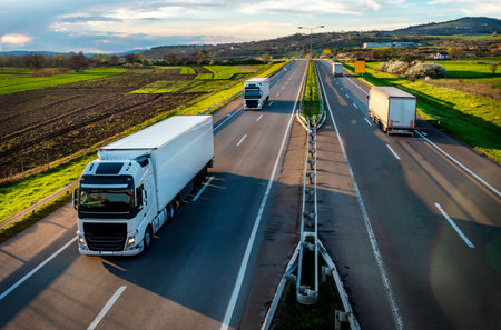 Heavy transportation scene on a highway with Convoys of white transportation trucks passing in the opposite way on rural highway under a beautiful blue skyの写真素材