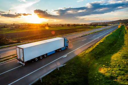 Large Transportation Truck on a highway road through the countryside in a beautiful sunsetの写真素材