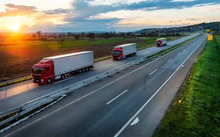 Convoy or Fleet of red trucks with white trailers on a Highway through the rural landscape on a beautiful sunsetの写真素材