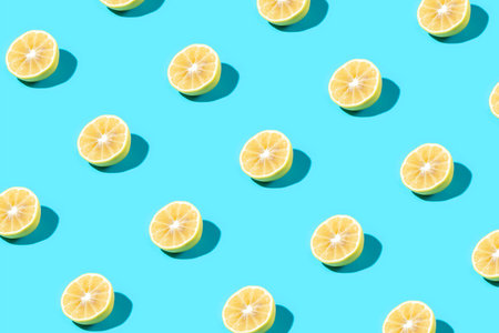 Trendy Summer food pattern made with yellow lemon slice on bright light blue background. Minimal summer concept.の写真素材