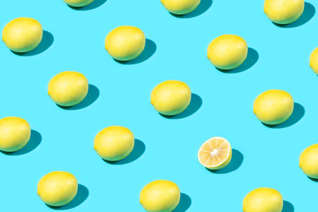 Trendy Summer food pattern made with yellow lemon and one slice on bright light blue background. Minimal summer concept.の写真素材