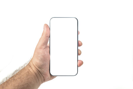 Man hand holding a smartphone isolated on white backgroundの写真素材