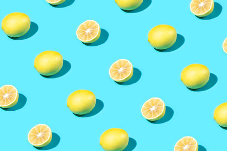 Trendy Summer food pattern made with yellow lemon on bright light blue background. Whole and sliced lemons. Minimal summer concept.の写真素材