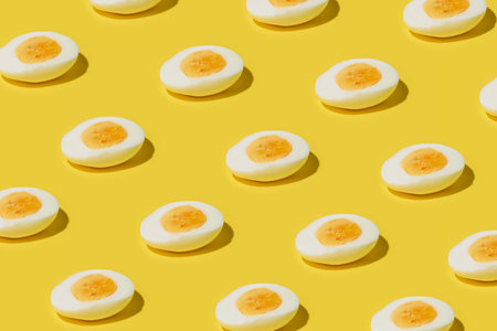 Hard boiled eggs cut in half on a bright yellow background, trendy pattern contemporary food artの写真素材