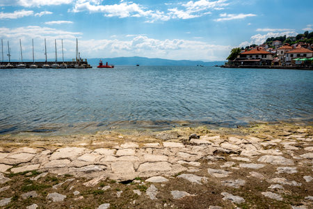 Beautiful view of Ohrid lake and old town Ohrid, Macedoniaの写真素材
