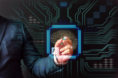 Man pointing a pen to futuristic interface network include of artificial intelligence (ai), machine deep learning, robot computer software, digital twin, blockchain, virtual technoの写真素材