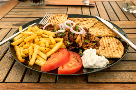 Greek gyros plate with homemade french fries and salad. Served on plate. Closeup viewの写真素材