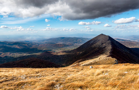 View to the peak Sokolov kamen at Suva planina (english translation Dry mountain) in southeastern Serbiaの写真素材