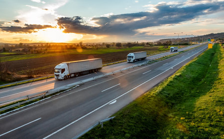Highway transportation scene with Convoy of white transportation trucks in line on a rural highway at beautiful sunsetの写真素材