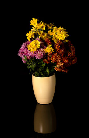 Wildflowers in vase on black background, reflected on a surfaceの写真素材
