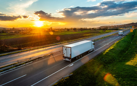 Large Transportation Truck on a highway road through the countryside in a beautiful sunsetの写真素材