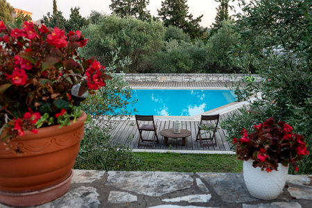 Swimming pool and beds for relaxing in summer. Swimming pool in the nature among greenery.の写真素材