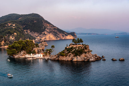 Panagia island, Parga, Greece. View of Panagia Island and Panagia Chapel from Parga Castleの写真素材