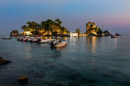 Panagia island, Parga, Greece. View of Panagia Island and Panagia Chapel from Parga Castleの写真素材
