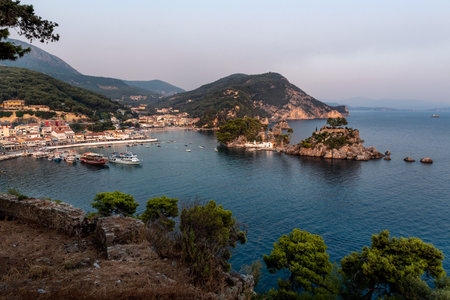 Panagia island, Parga, Greece. View of Panagia Island and Panagia Chapel from Parga Castleの写真素材